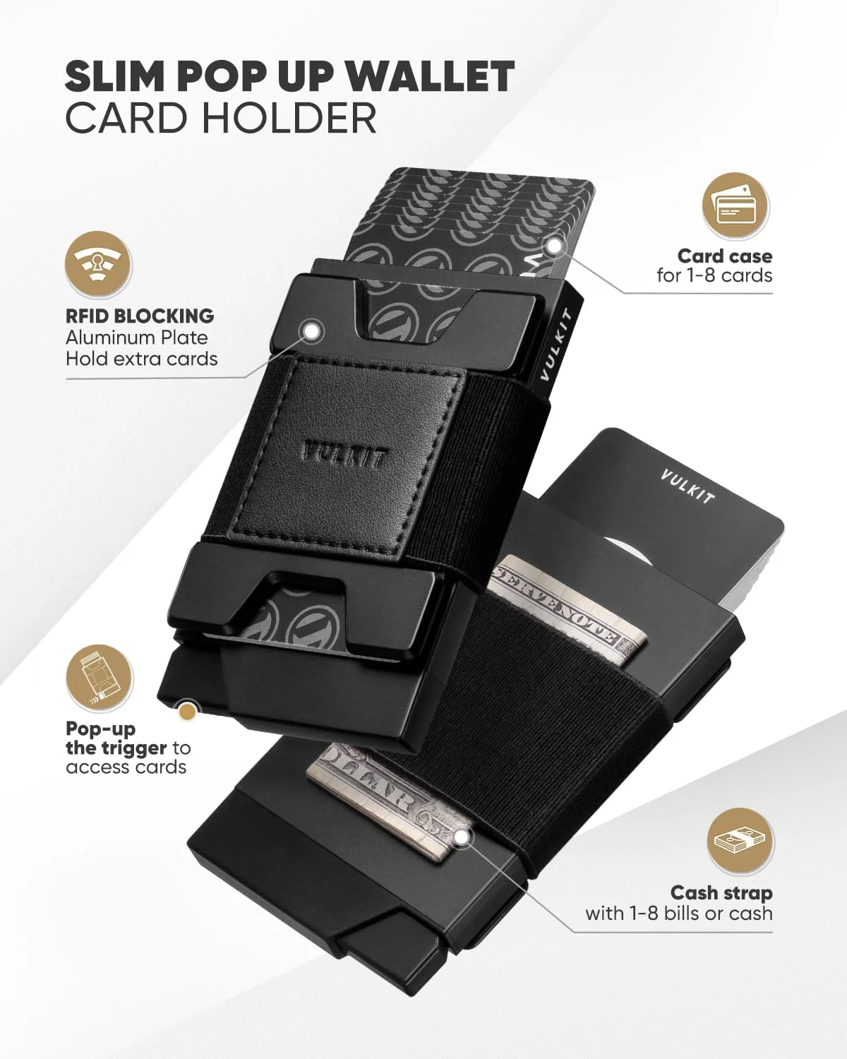 کیف پول مینیمالیستی VULKIT با قابلیت باز شدن سریع، جاکارتی باریک، محافظ RFID با صفحه پشتی قابل گسترش، مناسب برای نگهداری کارت و پول نقد