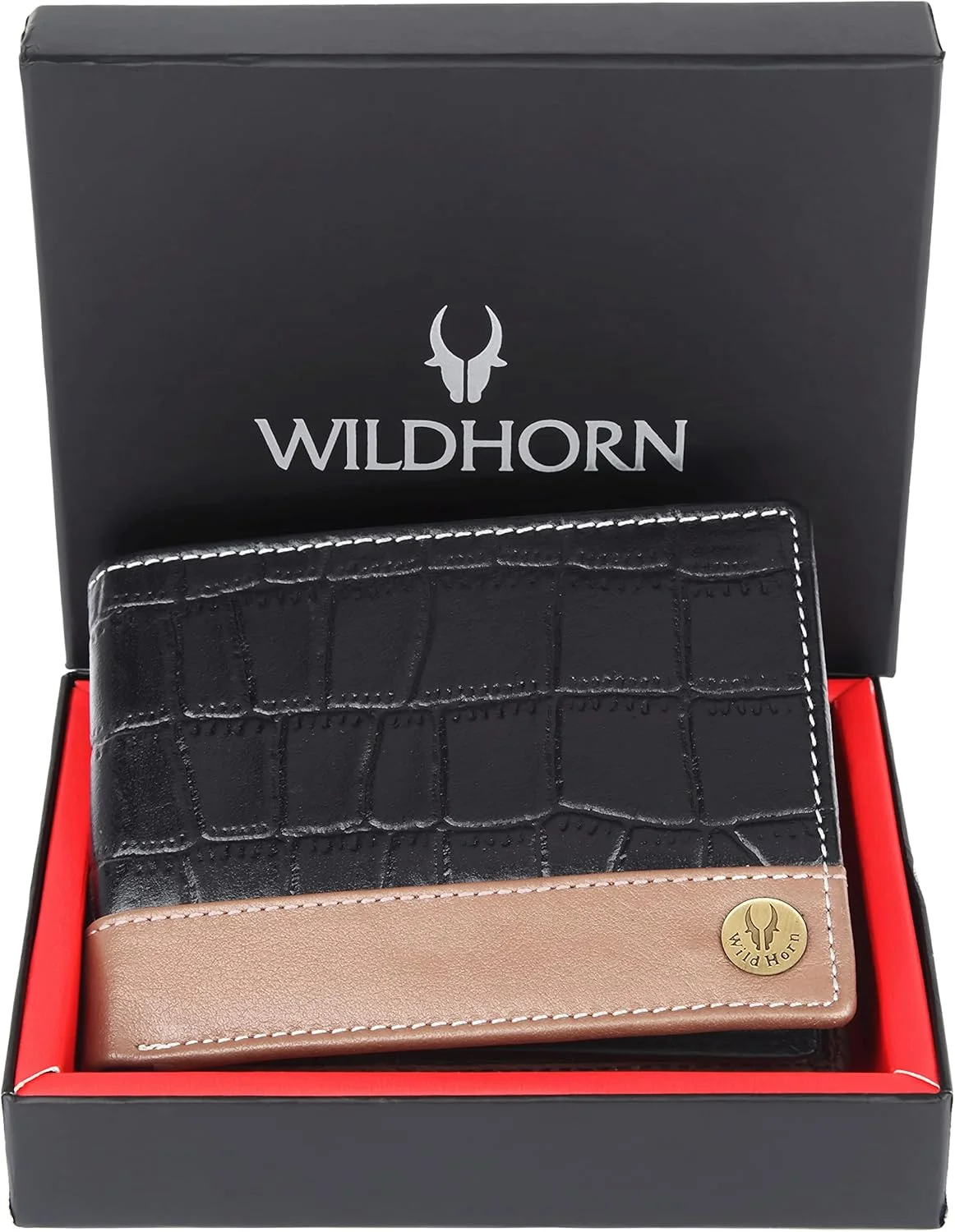 کیف پول چرم دانه دار مردانه WildHorn I | دوخت فوق العاده قوی | دست ساز | 8 جای کارت | 2 پنجره شناسایی (مشکی و قهوه ای)