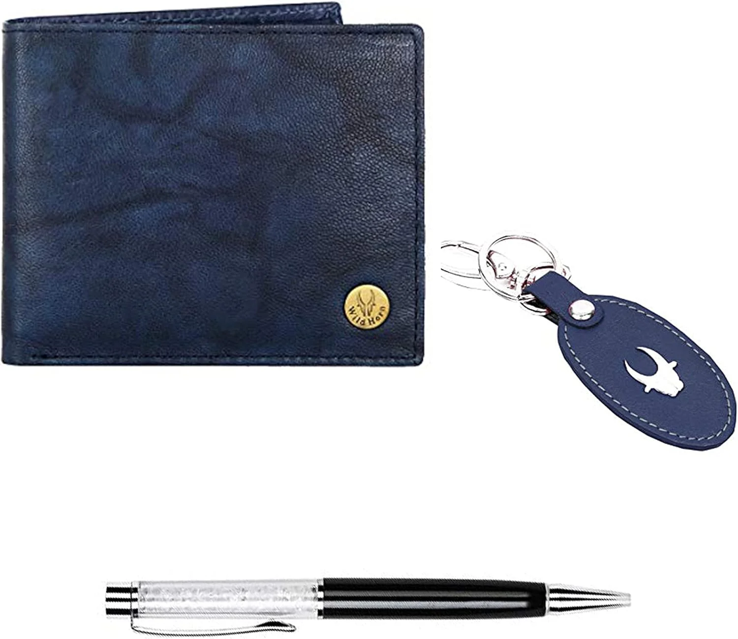 ست هدیه مردانه کیف پول چرمی، جاکلیدی و خودکار WildHorn مدل GIFT2052BLU ANT+BLK S+BLU Kring