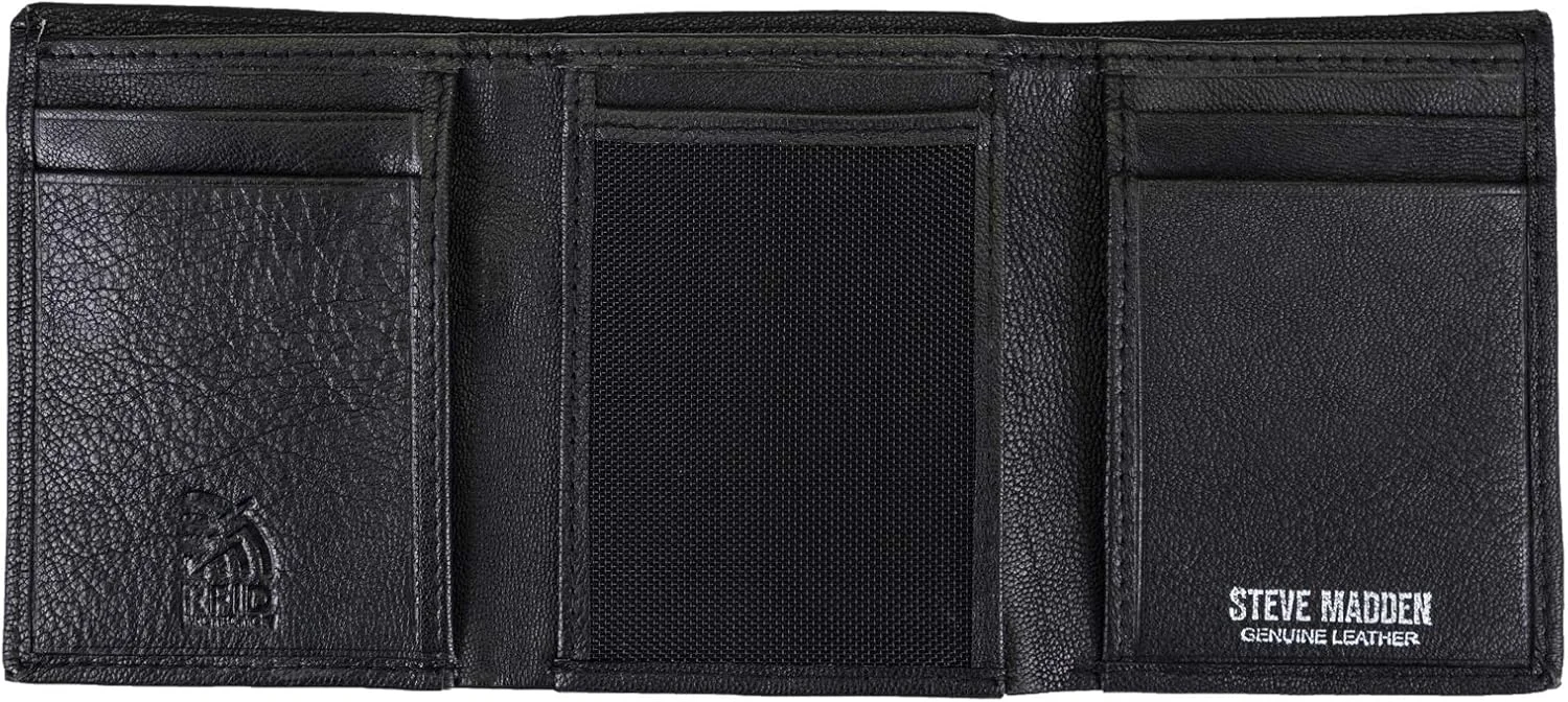 کیف پول سه لت چرمی مردانه استیو مادن با فناوری مسدود کننده RFID، مشکی (دانه صاف)، سایز One size