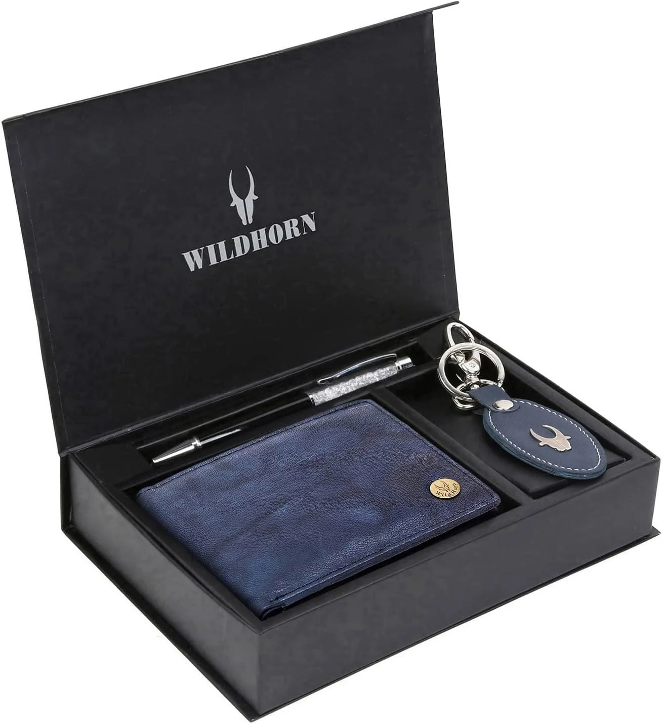 ست هدیه مردانه کیف پول چرمی، جاکلیدی و خودکار WildHorn مدل GIFT2052BLU ANT+BLK S+BLU Kring