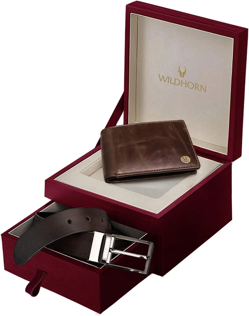ست هدیه مردانه چرم اصل WildHorn شامل کیف پول و کمربند (قهوه ای)