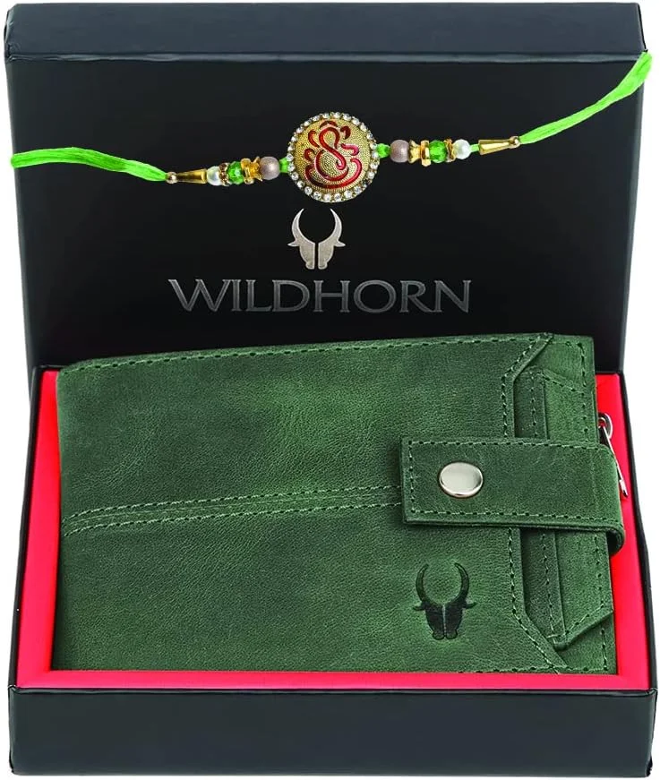 کیف پول چرمی مردانه WildHorn | دوخت فوق العاده قوی | دست ساز | مسدود کننده RFID | کیف پول زیپ دار با 9 جای کارت | 2 جای شناسایی (کیف پول سبز + راخی)