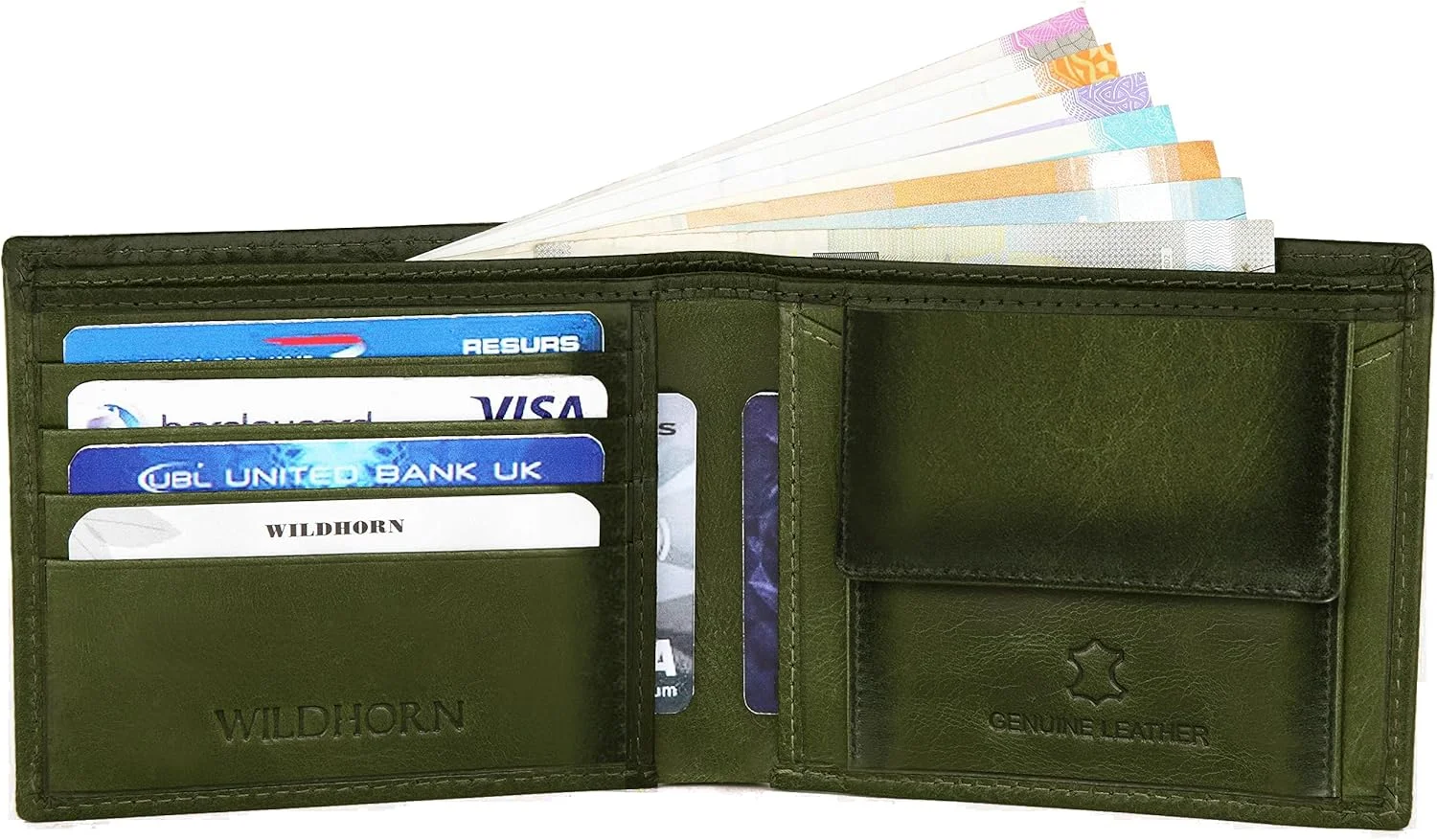 کیف پول چرم مردانه WildHorn محافظت شده با RFID، سبز کرانچ
