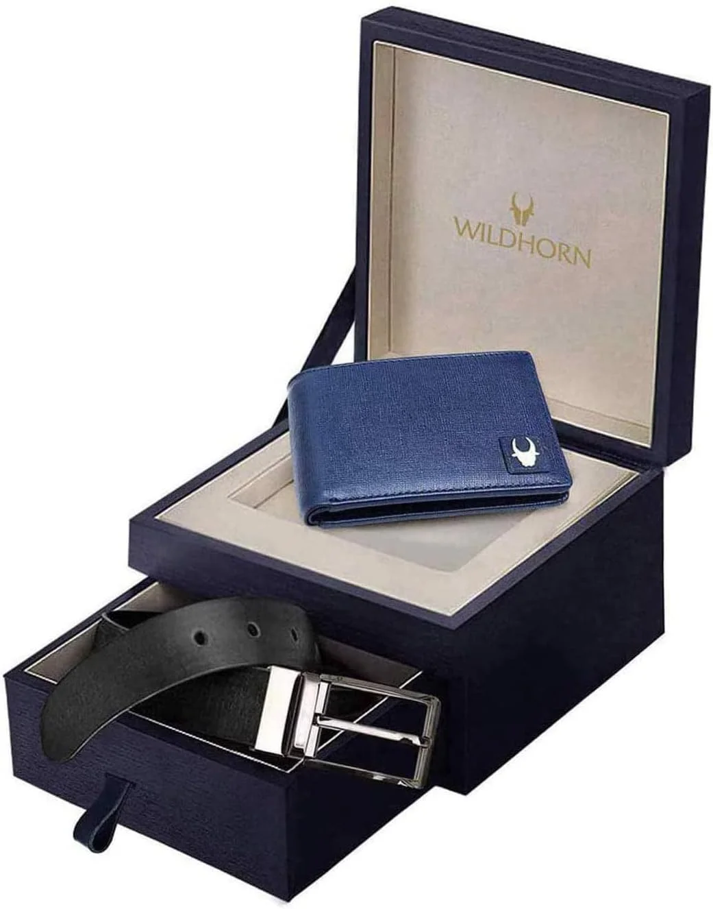 جعبه هدیه مردانه WildHorn I ست هدیه ترکیبی کیف پول و کمربند چرمی I هدیه برای دوست، دوست پسر، شوهر، پدر، پسر و غیره (سافیانو آبی جدید)