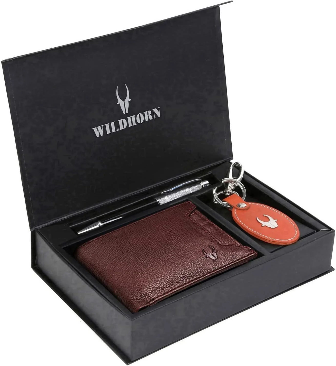 جعبه هدیه مردانه WildHorn I ست هدیه ترکیبی کیف پول چرمی، جاکلیدی و خودکار I هدیه برای دوست، دوست پسر، شوهر، پدر، پسر و غیره
