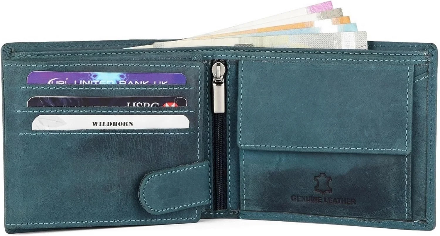 کیف پول چرمی مردانه WildHorn با محافظ RFID، آبی هانتر