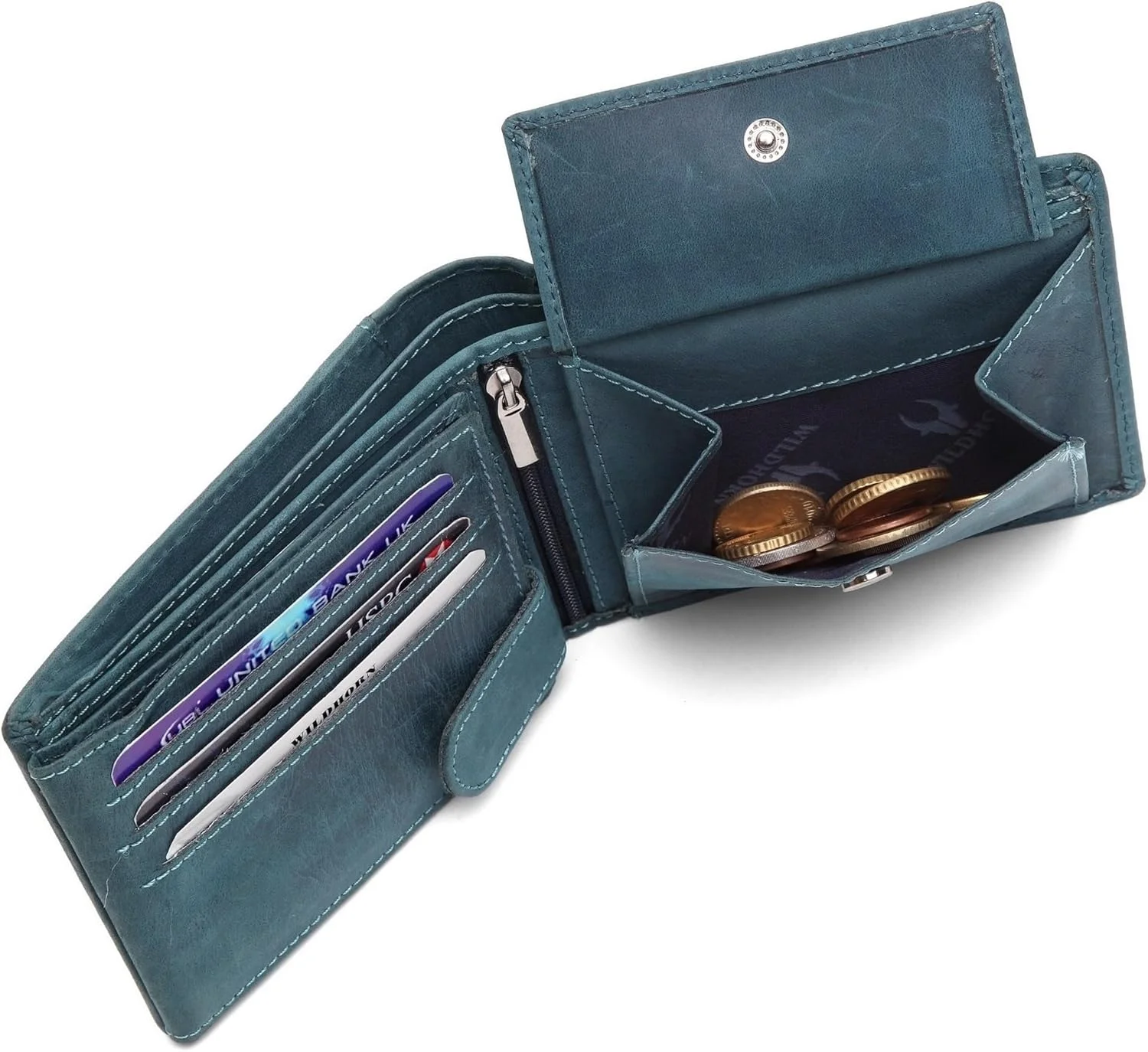کیف پول چرمی مردانه WildHorn با محافظ RFID، آبی هانتر