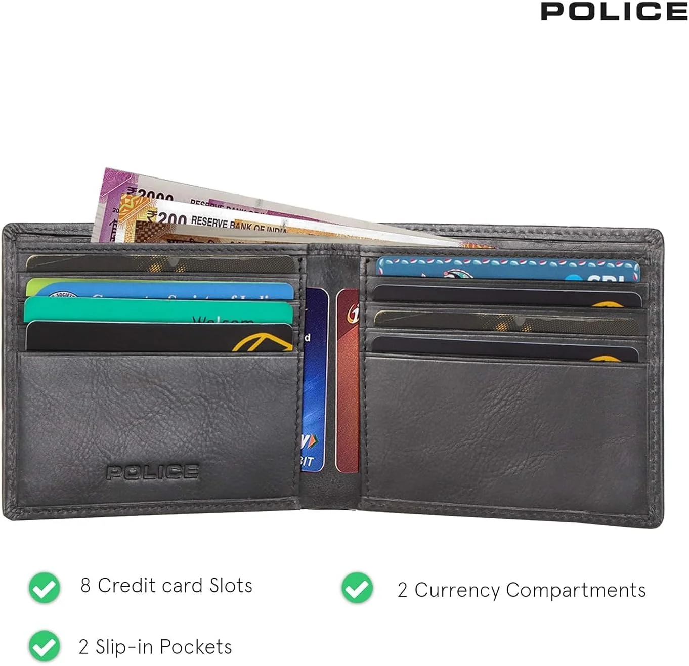 کیف پول باریک فلزی POLICE، کیف پول شیک چرمی اصل مردانه، جدیدترین کیف پول مردانه با محفظه نگهدارنده کارت - مشکی