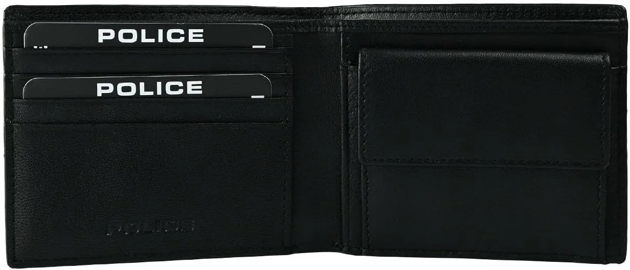 کیف پول باریک چرمی مردانه پلیس اصل با جای سکه، جای کارت اعتباری و جعبه هدیه