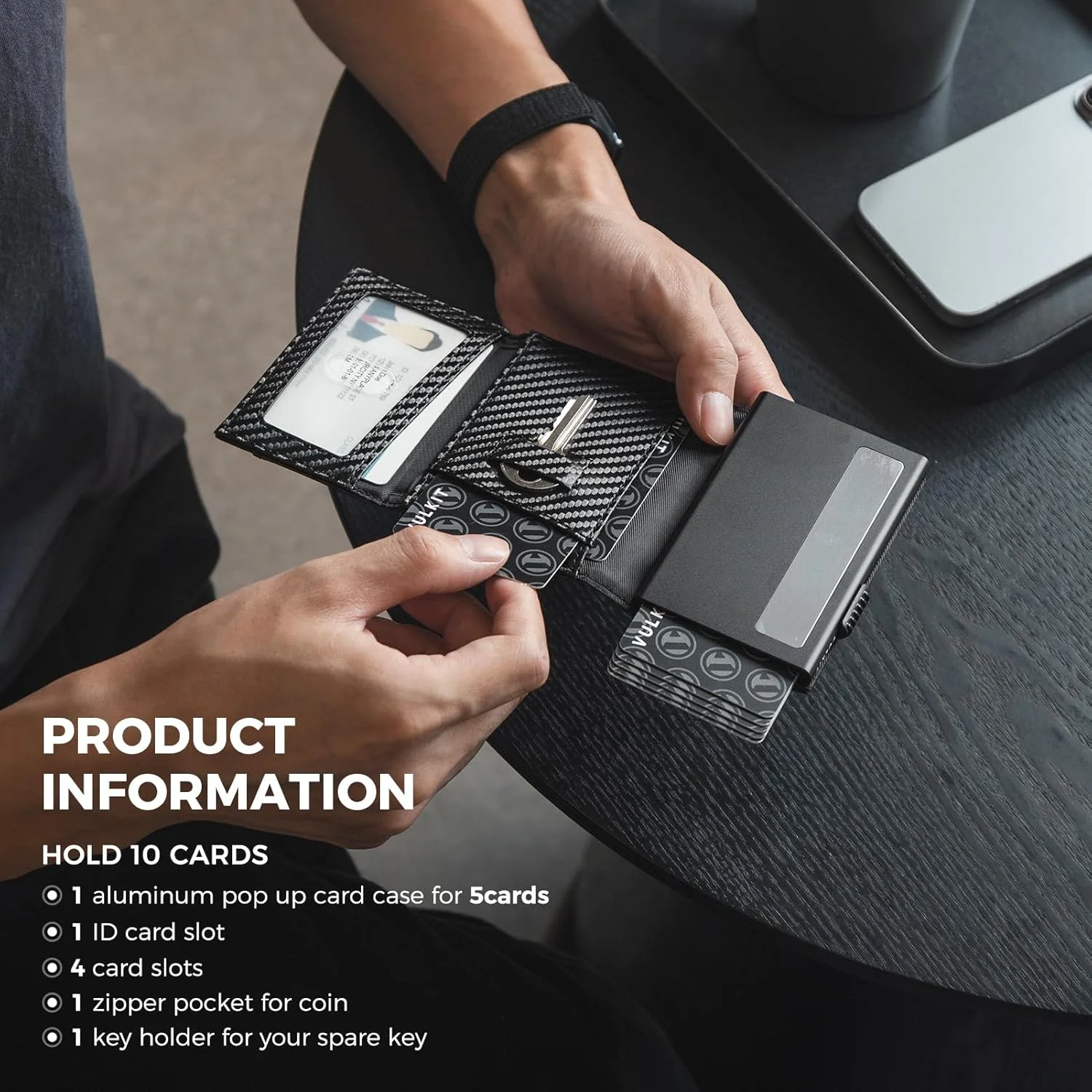 کیف کارت اعتباری VULKIT، جاکارتی فلزی مینیمالیستی با قابلیت مسدودسازی RFID، دارای کیف پول سکه و جای کلید، مناسب برای آقایان - طرح فیبر کربن