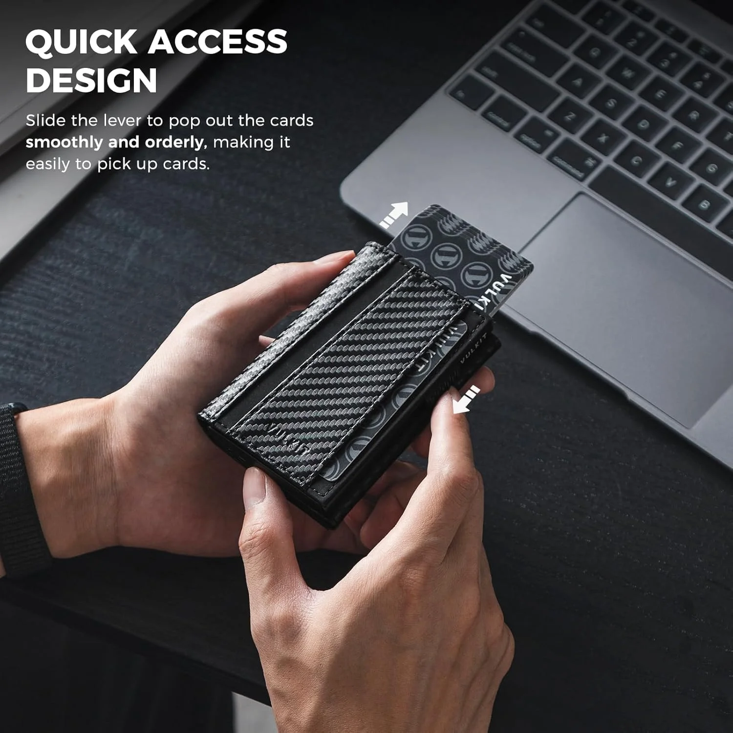 کیف کارت اعتباری VULKIT، جاکارتی فلزی مینیمالیستی با قابلیت مسدودسازی RFID، دارای کیف پول سکه و جای کلید، مناسب برای آقایان - طرح فیبر کربن