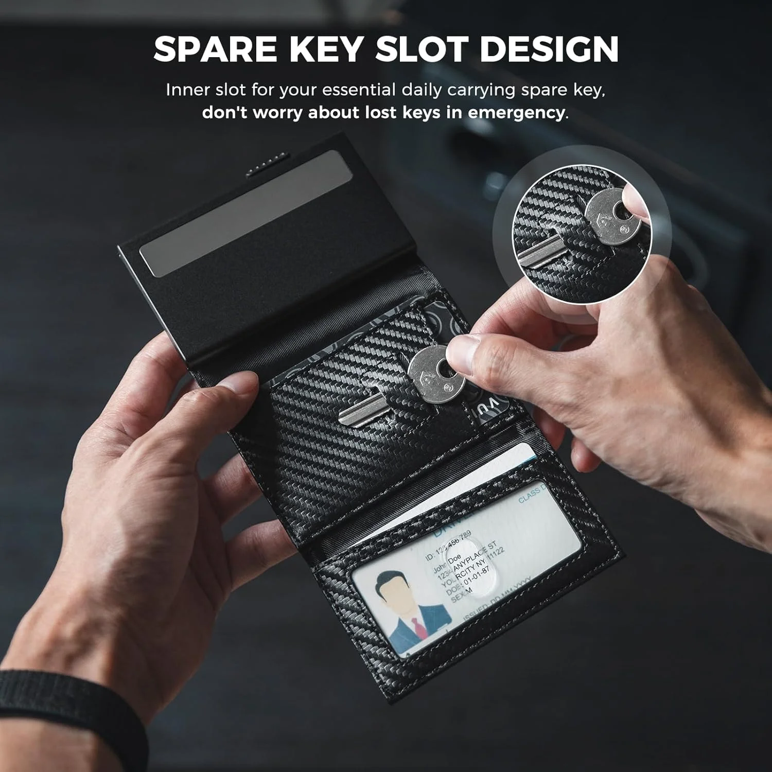 کیف کارت اعتباری VULKIT، جاکارتی فلزی مینیمالیستی با قابلیت مسدودسازی RFID، دارای کیف پول سکه و جای کلید، مناسب برای آقایان - طرح فیبر کربن