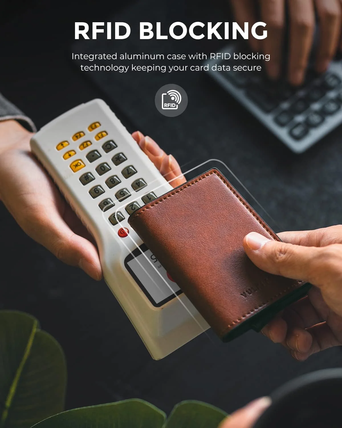 جاکارتی VULKIT با محافظ RFID، چرم، بازشو خودکار، کیف پول آلومینیومی باریک، جاکارتی ویزیت، قهوه ای وینتیج