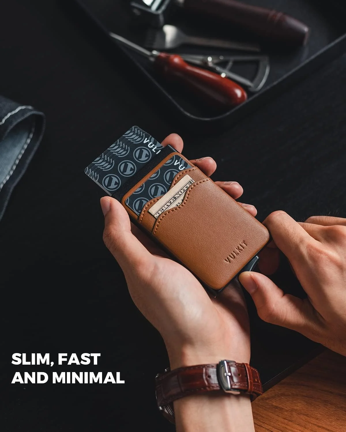 کیف کارت اعتباری VULKIT، جاکارتی باریک با قابلیت باز شدن سریع و جیب چرمی اضافی، محافظ RFID، مناسب برای آقایان و بانوان - قهوه ای