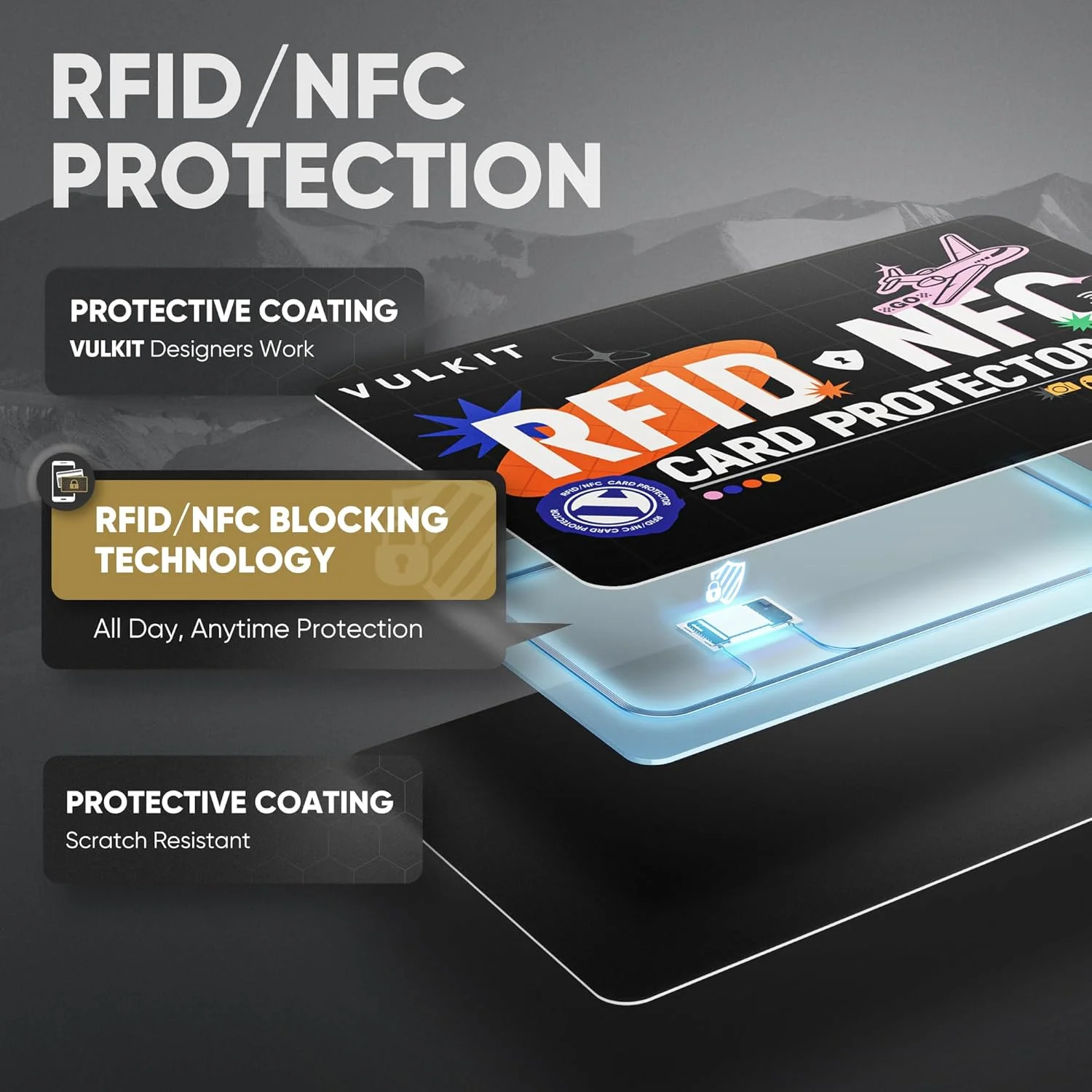 کارت های محافظ مسدود کننده RFID مدل VULKIT، بسته 5 عددی، محافظ RFID/NFC، محافظت بدون تماس NFC، محافظ کیف پول، لوازم ضروری سفر، 5 عدد - مسافران، مدرن