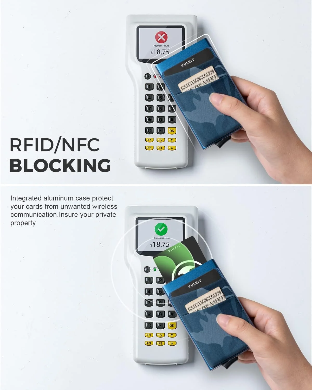کیف پول پاپ آپ VULKIT با جیب پول، جا کارتی، محافظ کارت اعتباری، مسدود کننده RFID، باریک، فلزی، نگهدارنده 5 کارت و پول نقد (آبی استتاری)