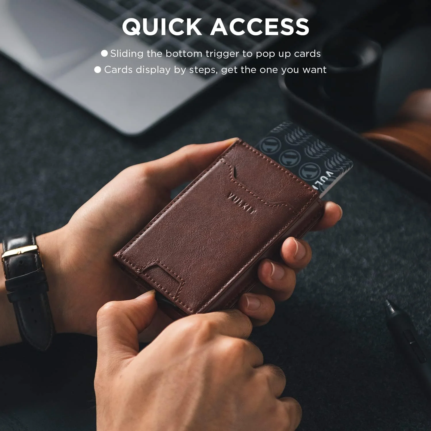 کیف پول گیره دار VULKIT، جا کارتی پاپ آپ، محافظ RFID، کیف پول چرمی مردانه، جا کارتی 2 در 1 برای 7 کارت و 15 اسکناس