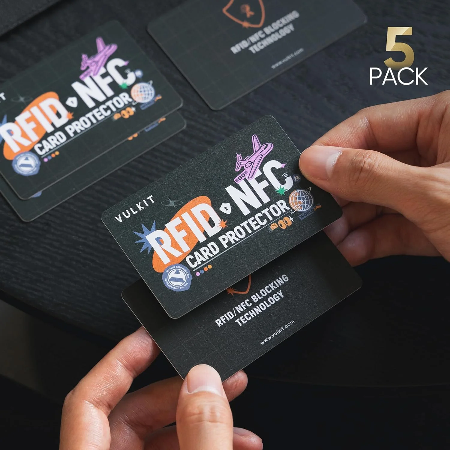 کارت های محافظ مسدود کننده RFID مدل VULKIT، بسته 5 عددی، محافظ RFID/NFC، محافظت بدون تماس NFC، محافظ کیف پول، لوازم ضروری سفر، 5 عدد - مسافران، مدرن