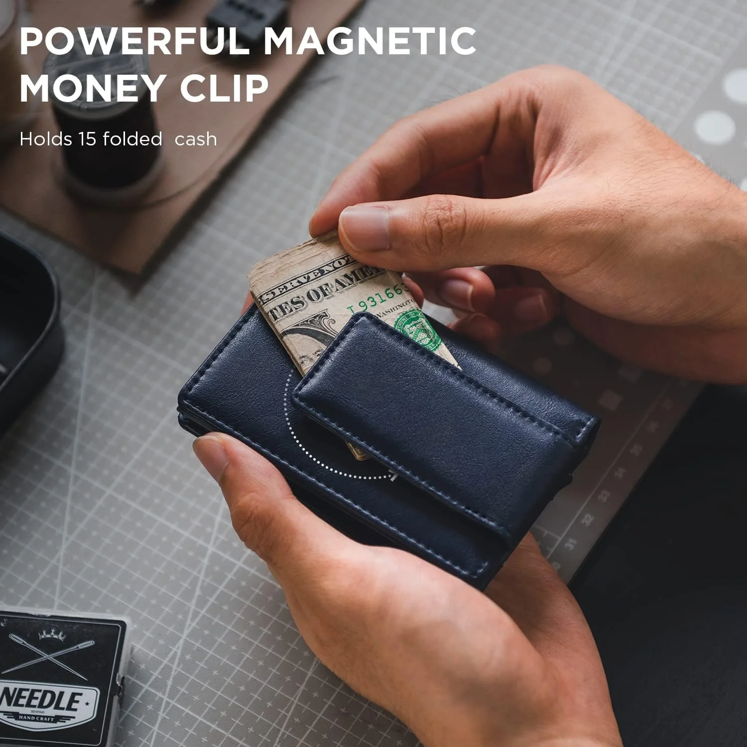 کیف پول گیره دار VULKIT، جا کارتی پاپ آپ، محافظ RFID، کیف پول چرمی مردانه 2 در 1، جا کارتی برای 7 کارت و 15 اسکناس