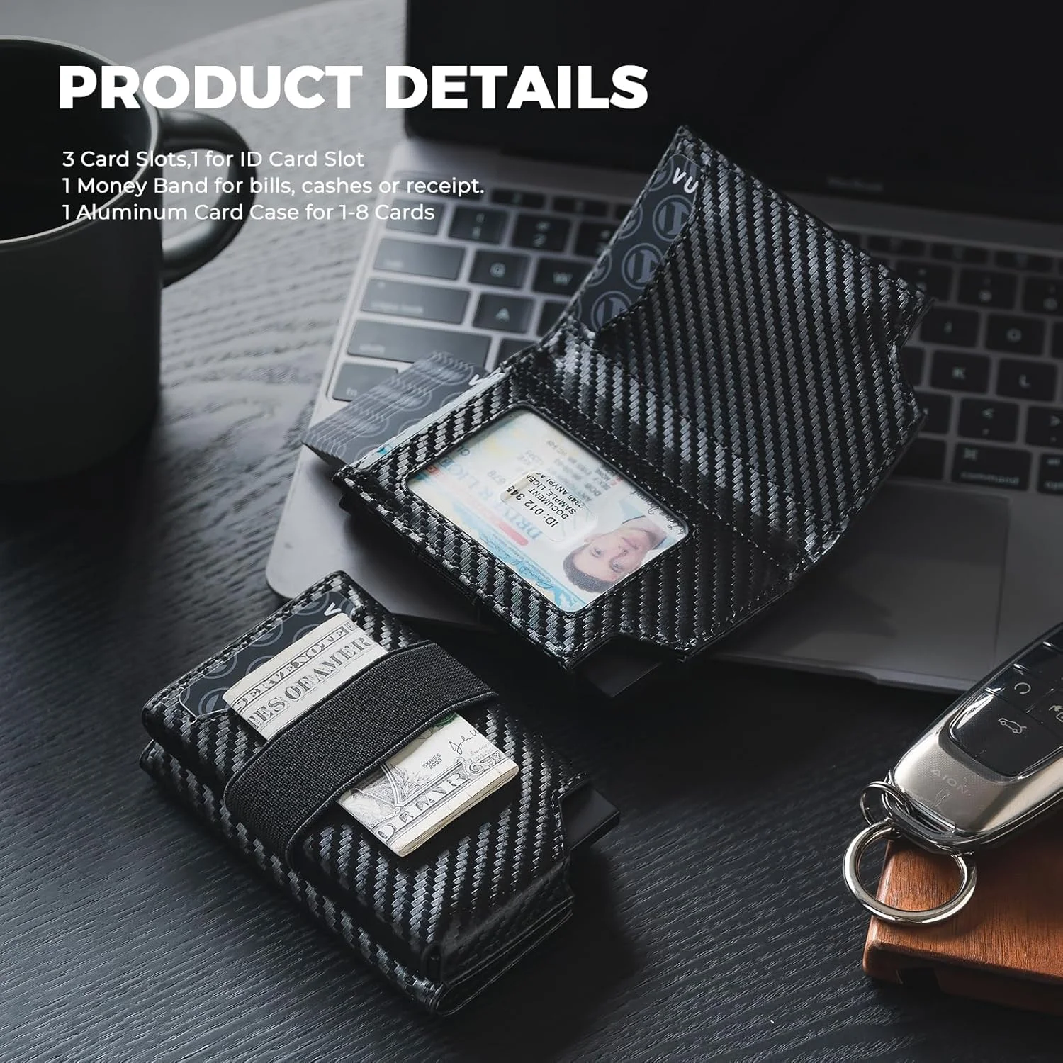 جاکارتی VULKIT با بند پول، کیف پول مینیمالیستی مردانه، جاکارتی پاپ آپ، مسدود کننده RFID، ظرفیت 11 کارت و پول نقد (فیبر کربن مشکی)