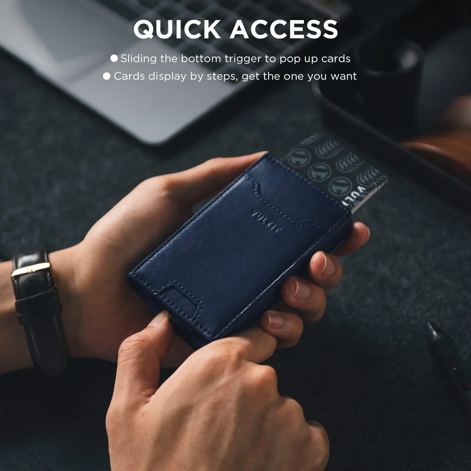 کیف پول گیره دار VULKIT، جا کارتی پاپ آپ، محافظ RFID، کیف پول چرمی مردانه 2 در 1، جا کارتی برای 7 کارت و 15 اسکناس