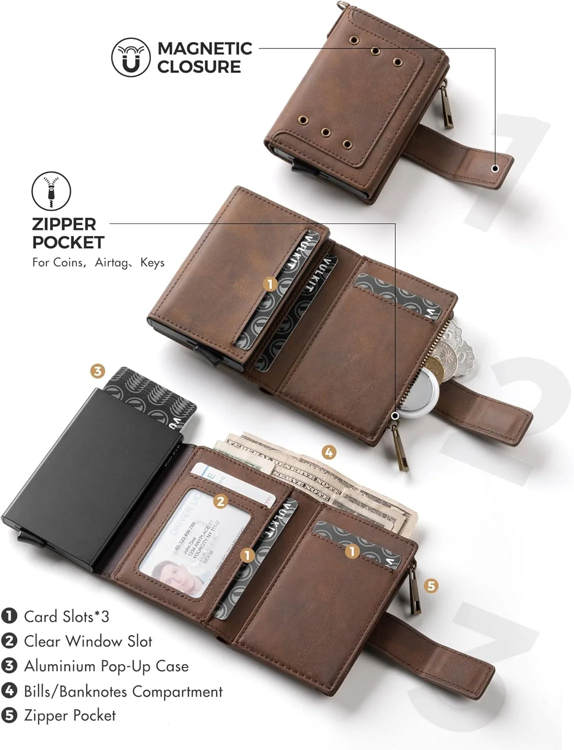 کیف پول هوشمند سه لت مردانه VULKIT با زنجیر، جاکارتی آلومینیومی پاپ آپ محافظت شده RFID، جای کارت شناسایی، جیب زیپ دار برای سکه و محفظه برای اسکناس، قهوه ای، مینیمالیستی کیف پول هوشمند سه لت مردانه VULKIT با زنجیر، جاکارتی آلومینیومی پاپ آپ محافظت شده RFID، جای کارت شناسایی، جیب زیپ دار برای سکه و محفظه برای اسکناس، قهوه ای، مینیمالیستی