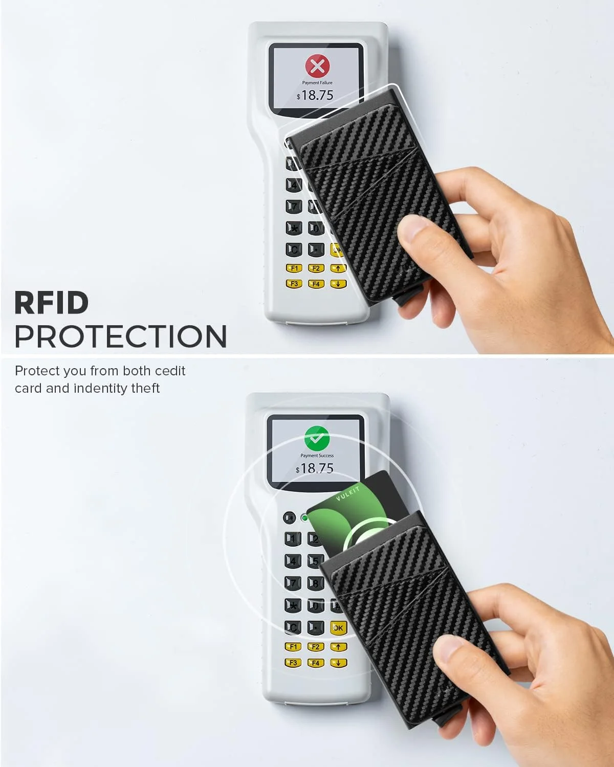 کیف پول کارت اعتباری VULKIT با قابلیت بیرون پریدن کارت، دارای اسلات های چرمی اضافی، محافظ RFID، باریک و فلزی مناسب آقایان و بانوان (مشکی کربنی)