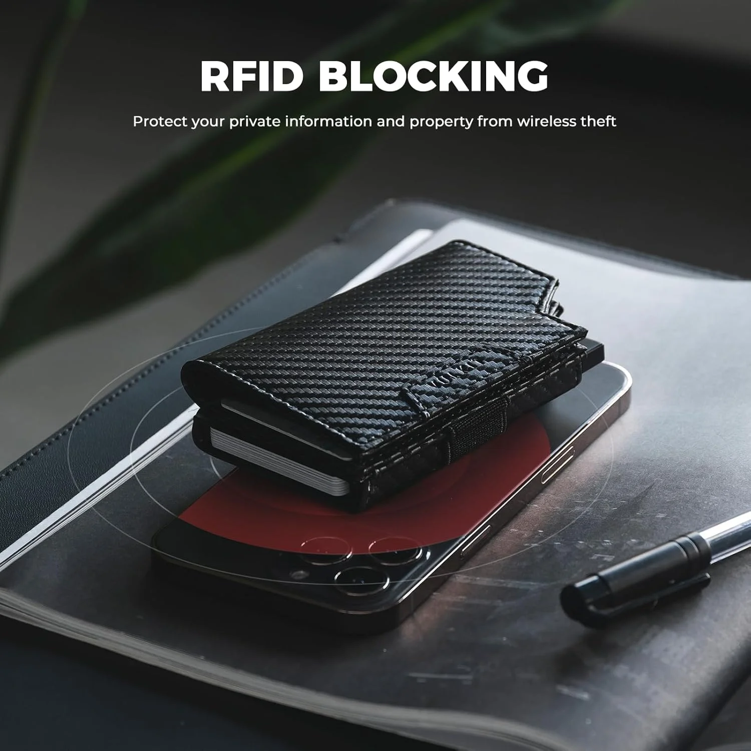 جاکارتی VULKIT با بند پول، کیف پول مینیمالیستی مردانه، جاکارتی پاپ آپ، مسدود کننده RFID، ظرفیت 11 کارت و پول نقد (فیبر کربن مشکی)