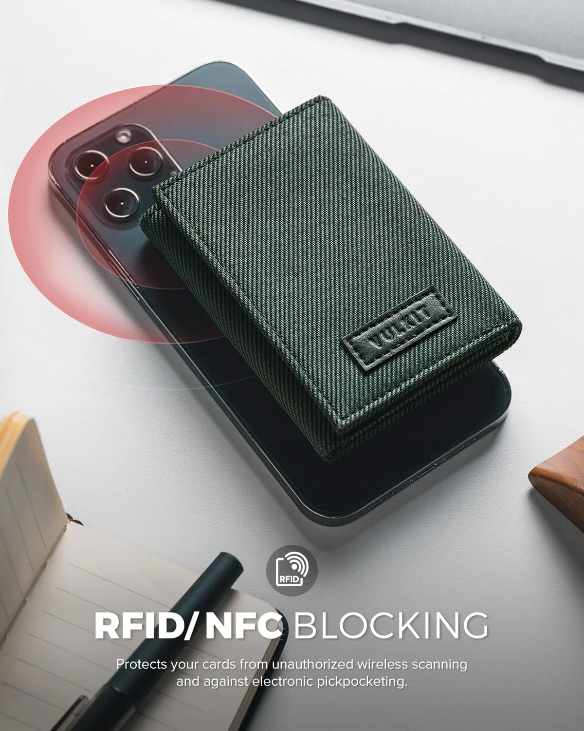 کیف پول کوچک مردانه VULKIT ضد هک RFID و جا کارتی سه لت مینیمالیستی با کیف پول سکه، سبز، کوچک، مینیمالیستی