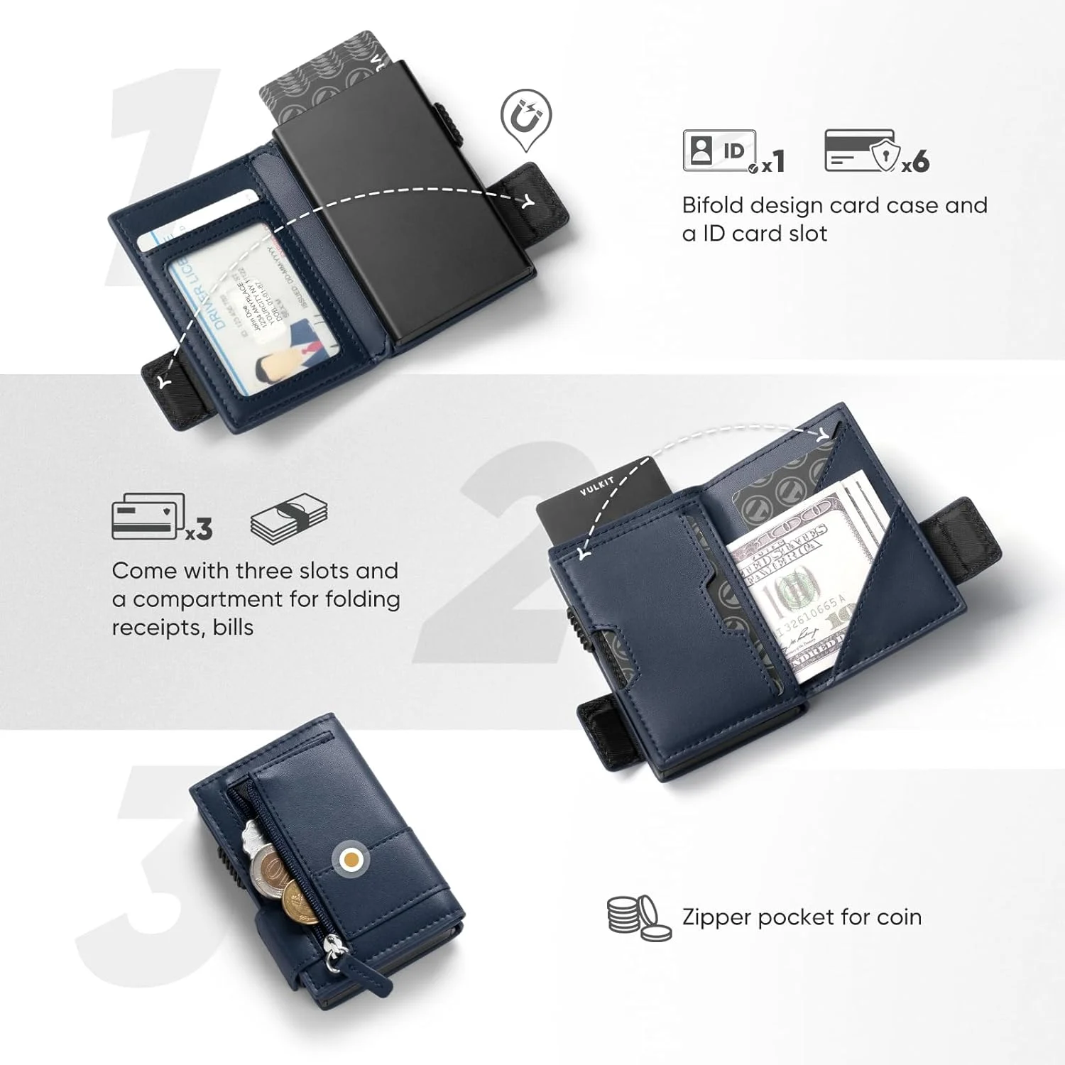 کیف پول چرمی مردانه VULKIT، جاکارتی تاشو با قابلیت بیرون انداختن کارت، دارای محافظ RFID، محفظه فلزی کارت، ظرفیت 9 کارت و اسکناس، سرمه‌ای