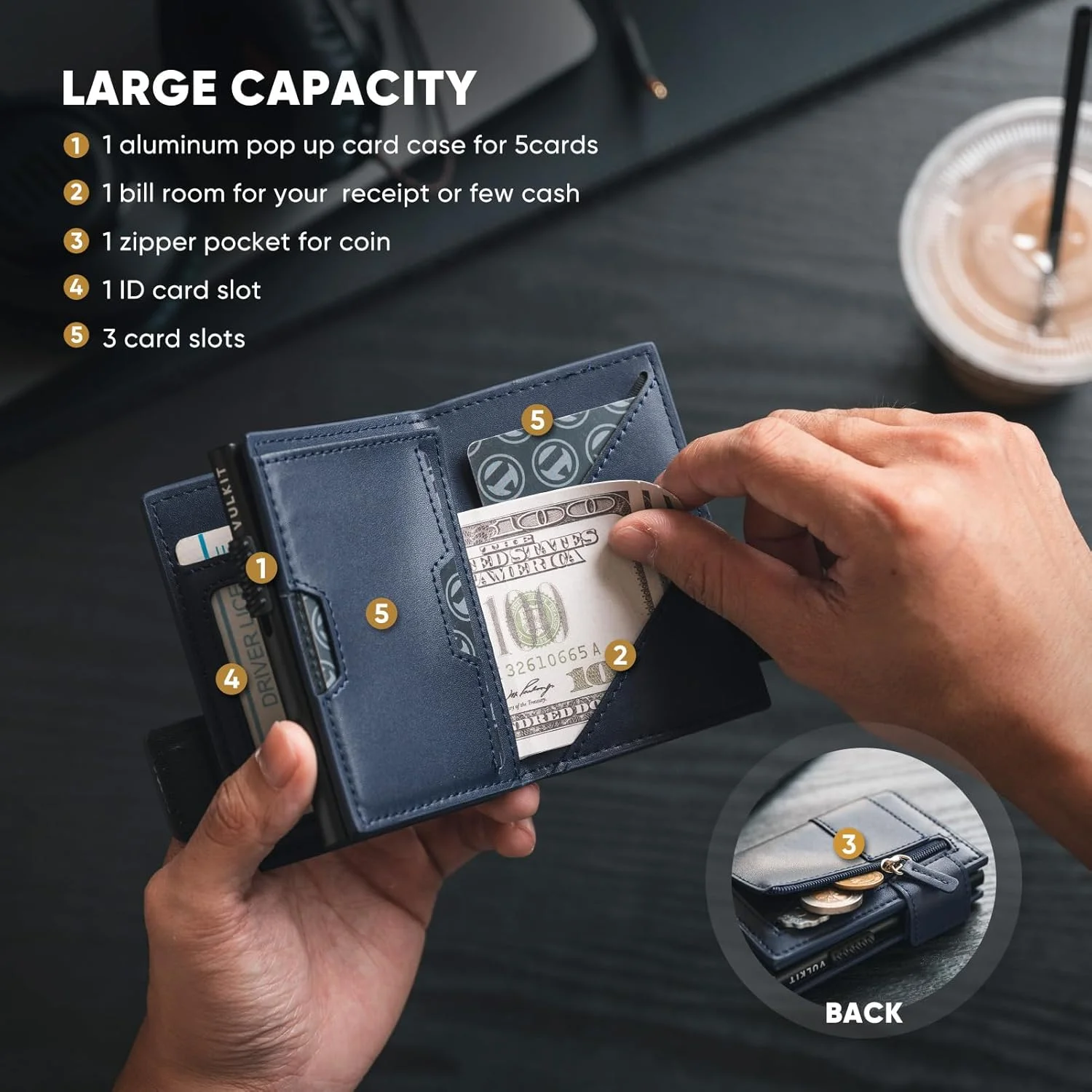 کیف پول چرمی مردانه VULKIT، جاکارتی تاشو با قابلیت بیرون انداختن کارت، دارای محافظ RFID، محفظه فلزی کارت، ظرفیت 9 کارت و اسکناس، سرمه‌ای