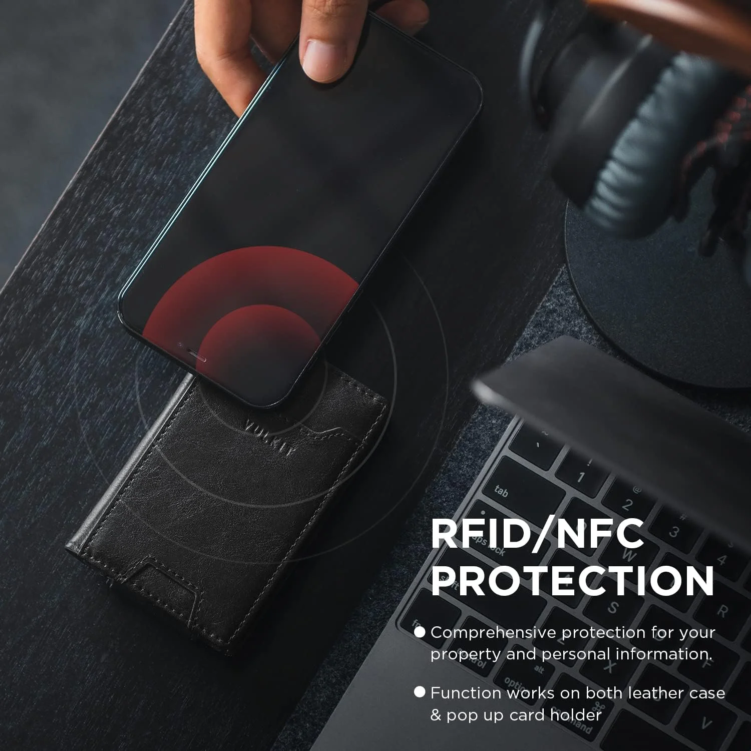 کیف پول گیره دار VULKIT، جا کارتی پاپ آپ، محافظ RFID، کیف پول چرمی مردانه 2 در 1، جا کارتی برای 7 کارت و 15 اسکناس