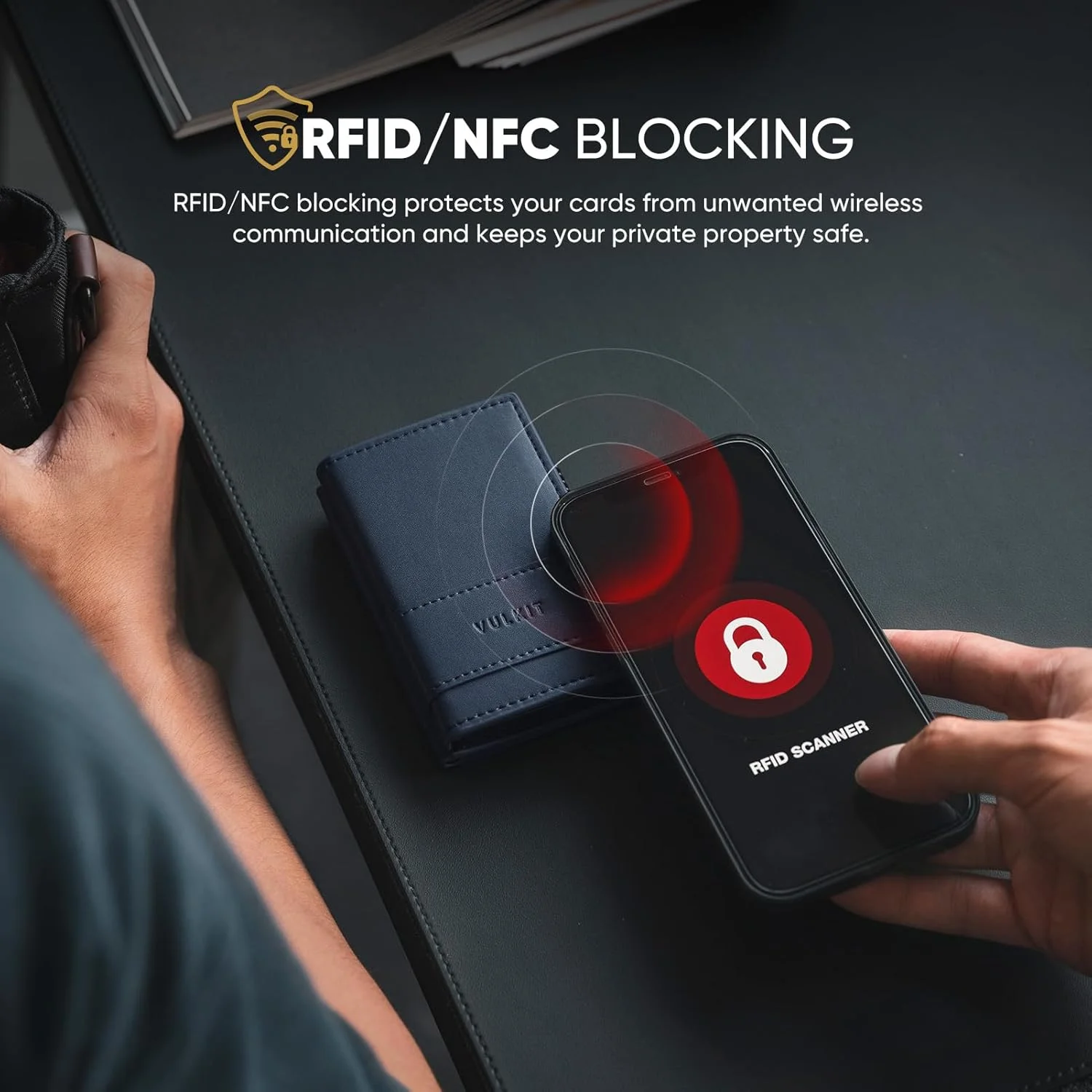 کیف پول چرمی مردانه VULKIT، جاکارتی تاشو با قابلیت بیرون انداختن کارت، دارای محافظ RFID، محفظه فلزی کارت، ظرفیت 9 کارت و اسکناس، سرمه‌ای