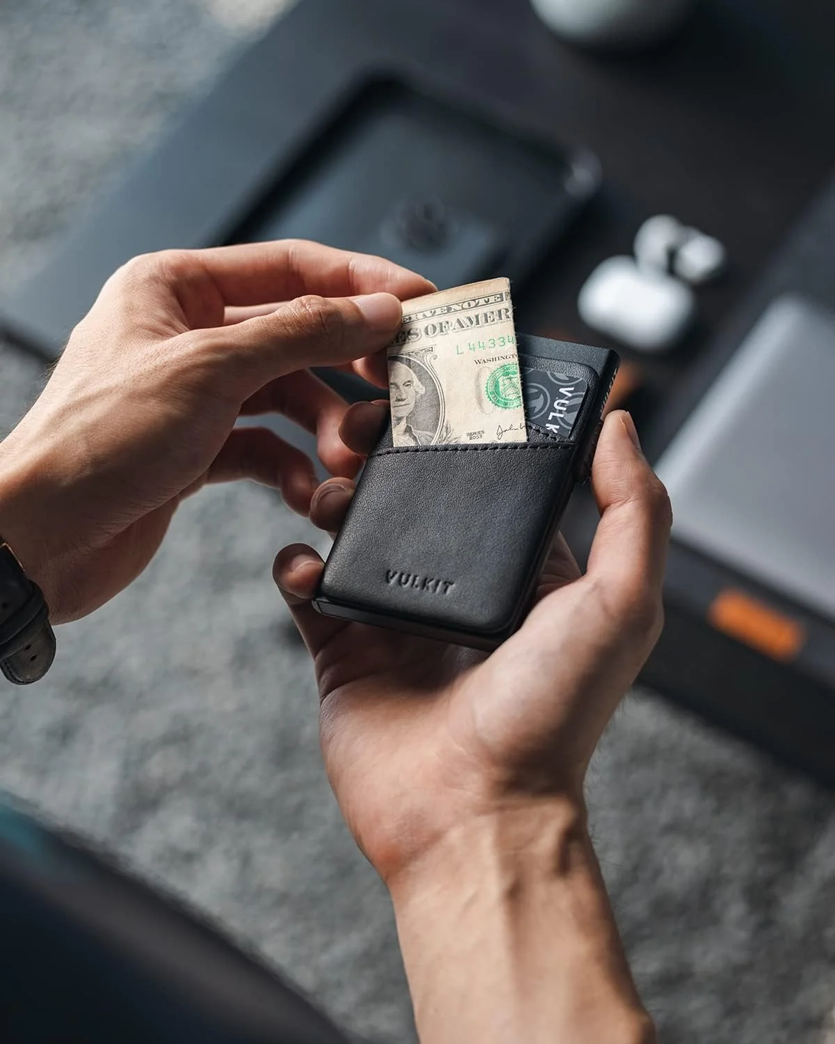 کیف پول پاپ آپ VULKIT، جا کارتی با محفظه چرمی اضافی، محافظ RFID، کیف کارت فلزی باریک، مشکی
