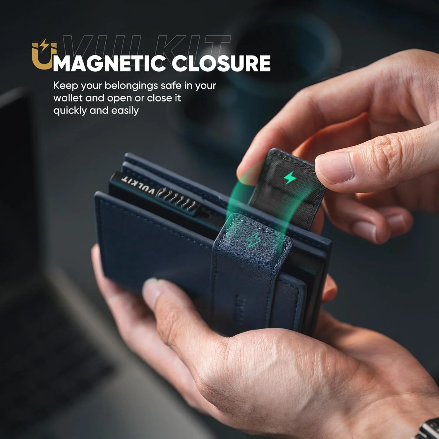 کیف پول چرمی مردانه VULKIT، جاکارتی تاشو با قابلیت بیرون انداختن کارت، دارای محافظ RFID، محفظه فلزی کارت، ظرفیت 9 کارت و اسکناس، سرمه‌ای