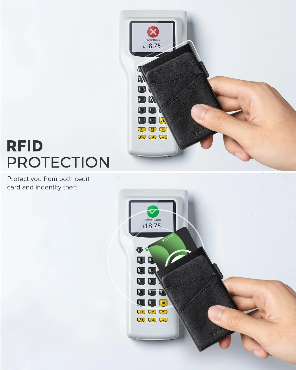 کیف پول پاپ آپ VULKIT، جا کارتی با محفظه چرمی اضافی، محافظ RFID، کیف کارت فلزی باریک، مشکی