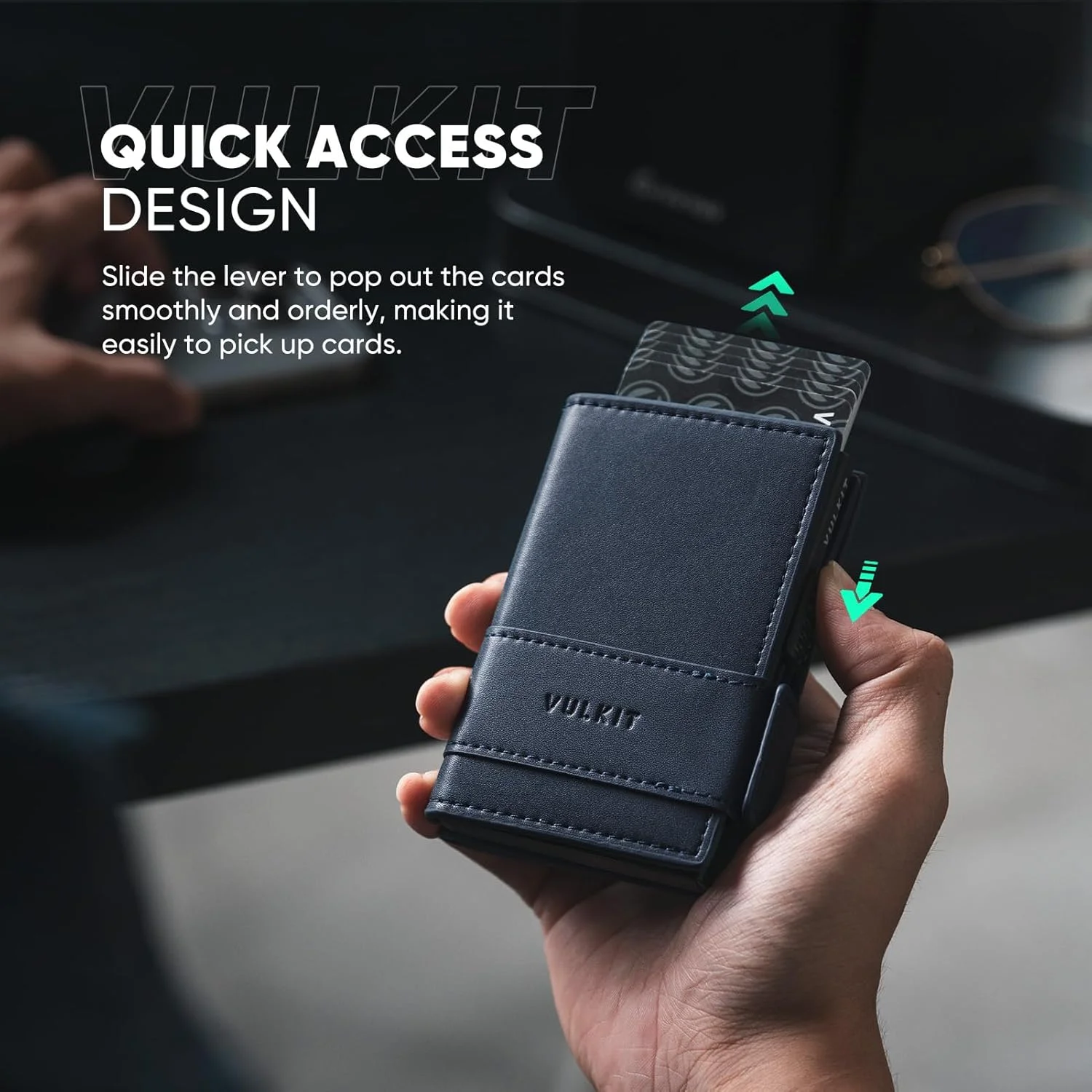 کیف پول چرمی مردانه VULKIT، جاکارتی تاشو با قابلیت بیرون انداختن کارت، دارای محافظ RFID، محفظه فلزی کارت، ظرفیت 9 کارت و اسکناس، سرمه‌ای