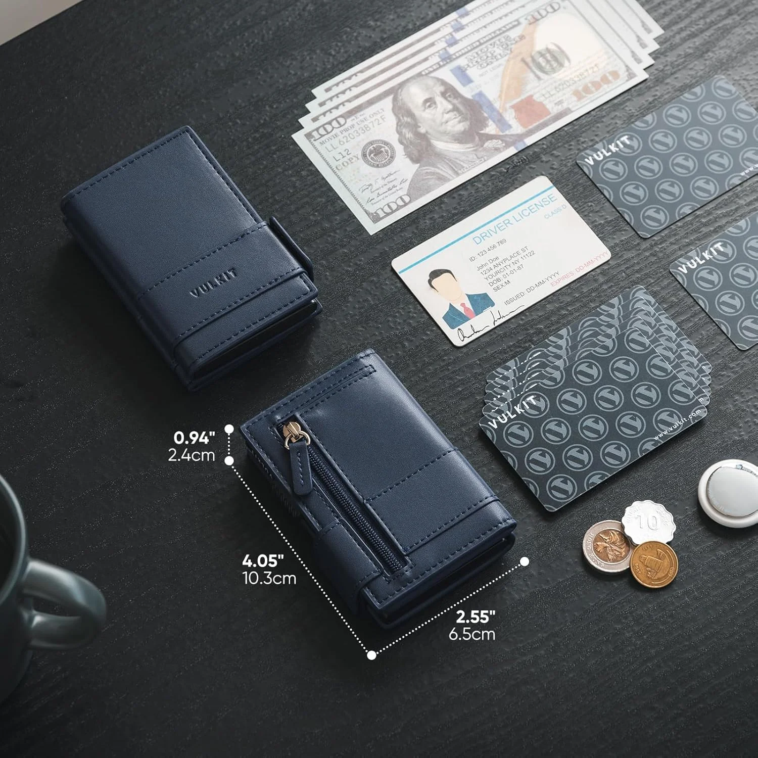 کیف پول چرمی مردانه VULKIT، جاکارتی تاشو با قابلیت بیرون انداختن کارت، دارای محافظ RFID، محفظه فلزی کارت، ظرفیت 9 کارت و اسکناس، سرمه‌ای
