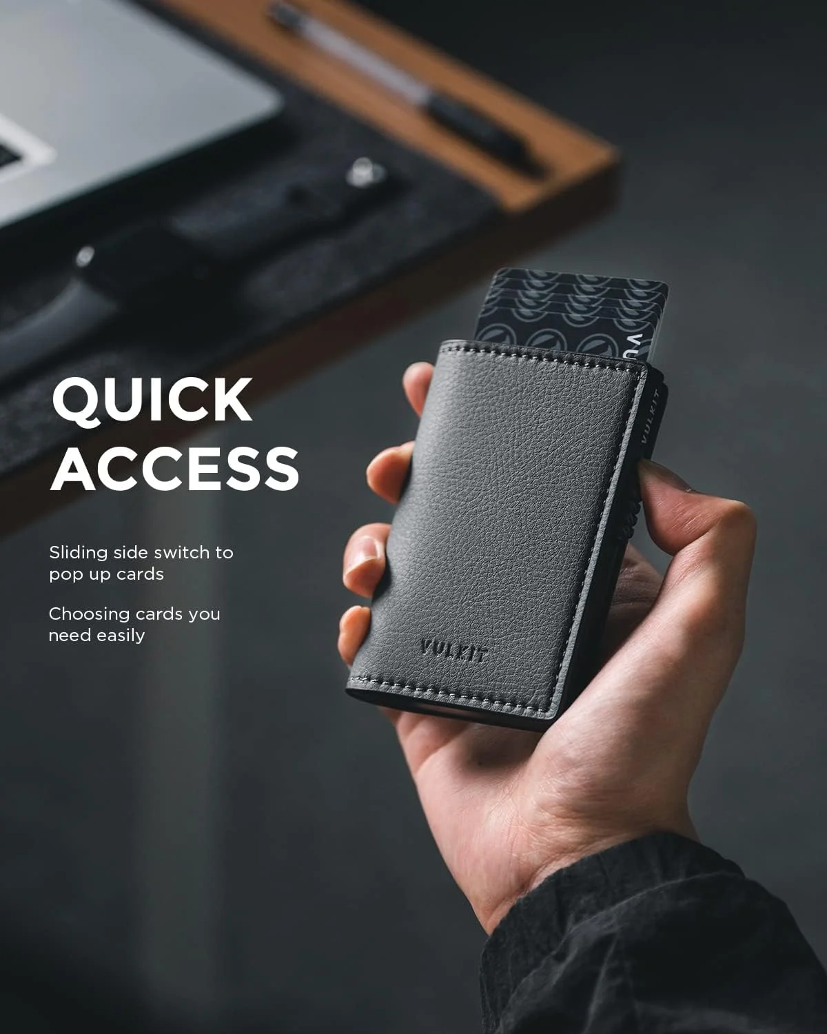 کیف کارت VULKIT، جاکارتی چرمی دانه دار مینیمالیستی با محافظ RFID، ظرفیت 10 کارت، خاکستری (خاکستری چرم لیچی)، مینیمالیستی