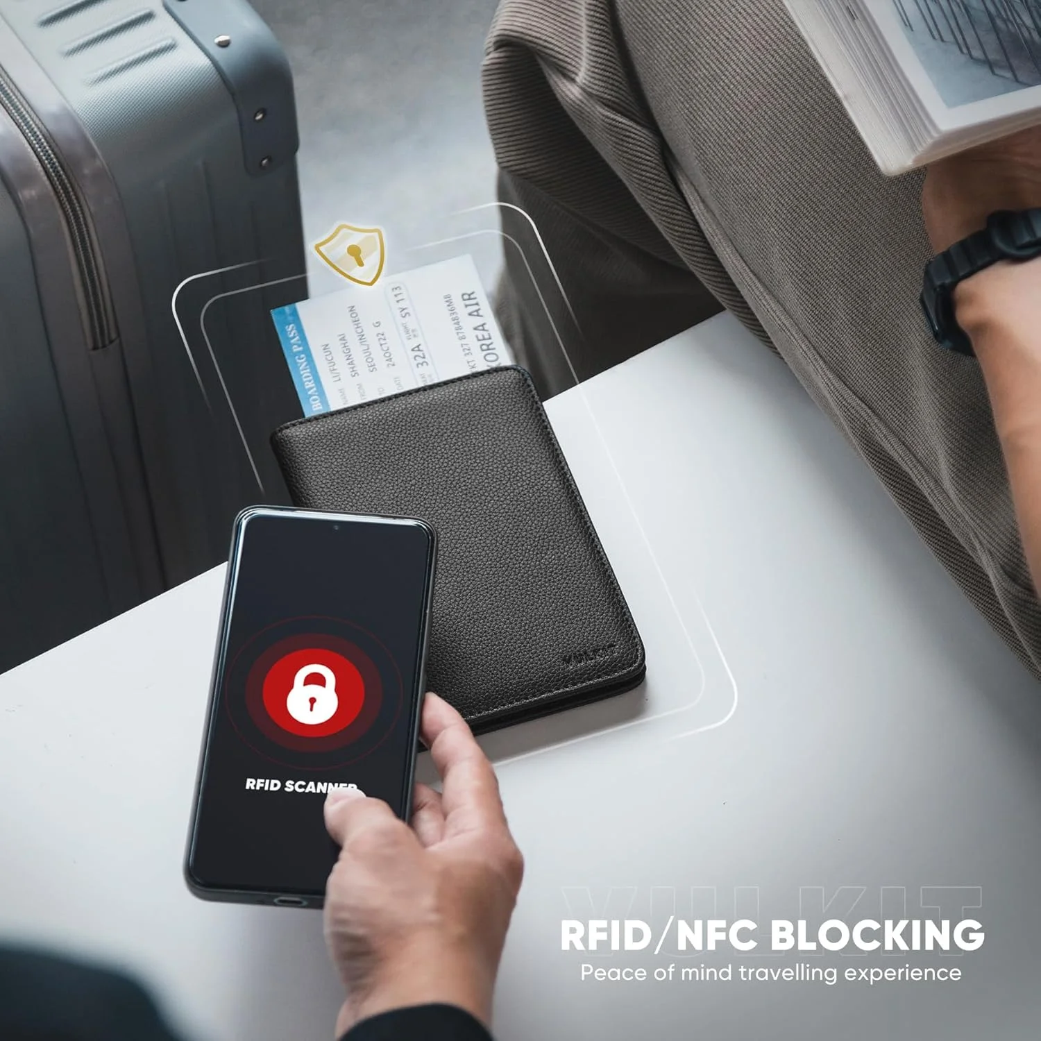 کیف پاسپورت VULKIT با بست مغناطیسی، کیف پول مسافرتی محافظ RFID، جلد پاسپورت، جا کارتی پرواز، لوازم ضروری سفر، مشکی دانه دار، مینیمالیستی
