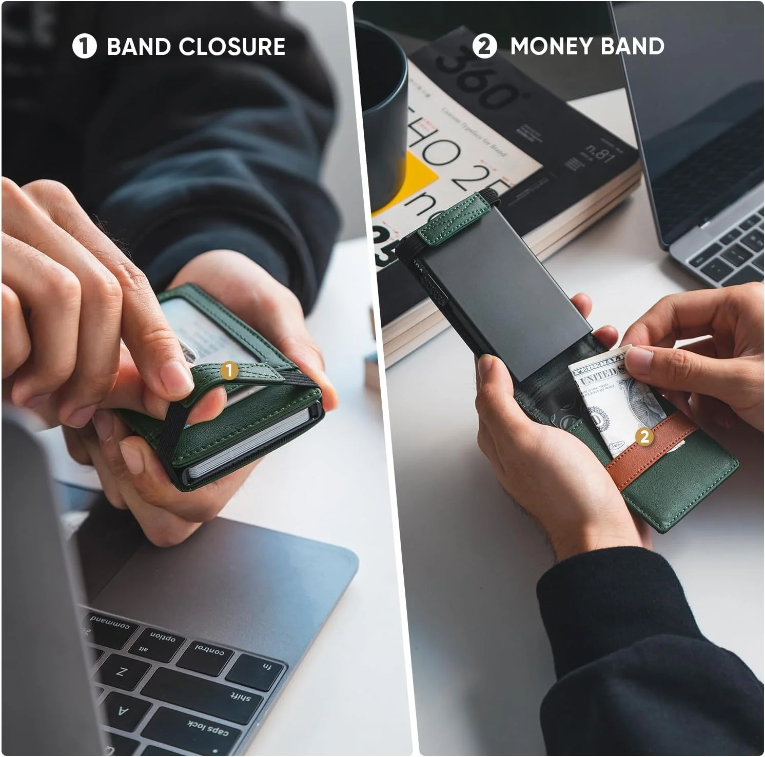 کیف پول مینیمالیستی VULKIT با بند پول، کیف پول RFID مردانه، کیف پول چرمی پاپ آپ با پنجره ID و بست بند الاستیک