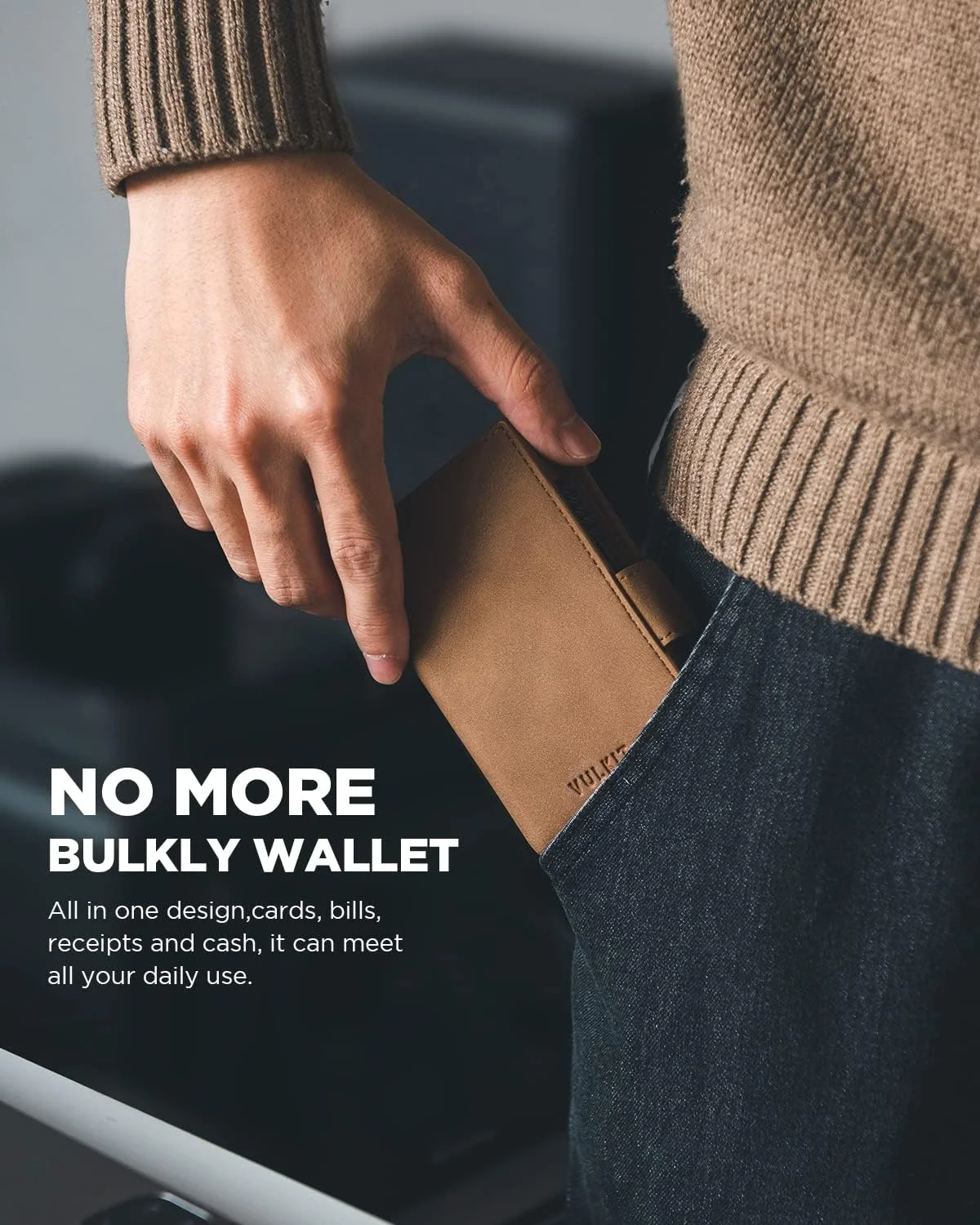 کیف پول کارت VULKIT با جای ایرتگ و پنجره شناسایی، کیف پول چرمی باریک پاپ آپ با مسدود کننده RFID و بسته شدن مغناطیسی برای کارت های اعتباری و پول نقد، قهوه ای کهربایی