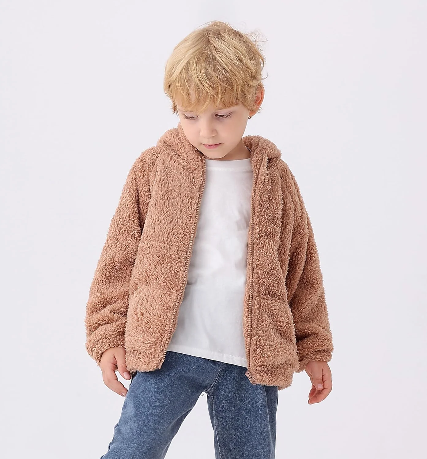 کت ژاکت کلاه دار پشمی بچه گانه Feidoog با گوش، زیپ دار، سبک وزن، آستین بلند، ضخیم و گرم