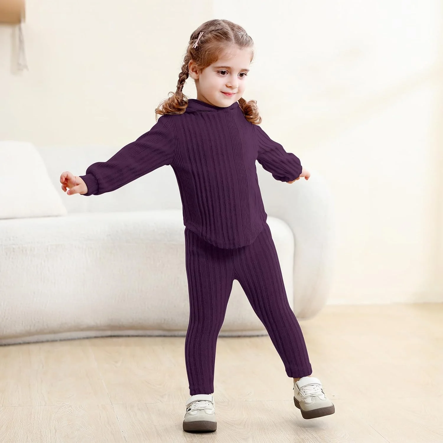 لباس بچه گانه دخترانه U·nikaka، ست لباس گرمکن دنده ای آستین بلند پاییز و زمستان، ست 2 تکه هودی و شلوار دخترانه