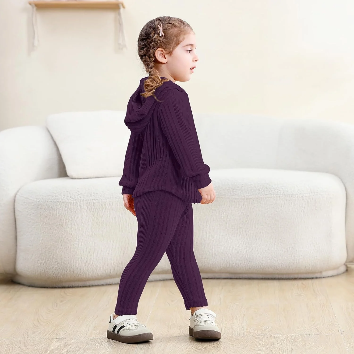 لباس بچه گانه دخترانه U·nikaka، ست لباس گرمکن دنده ای آستین بلند پاییز و زمستان، ست 2 تکه هودی و شلوار دخترانه