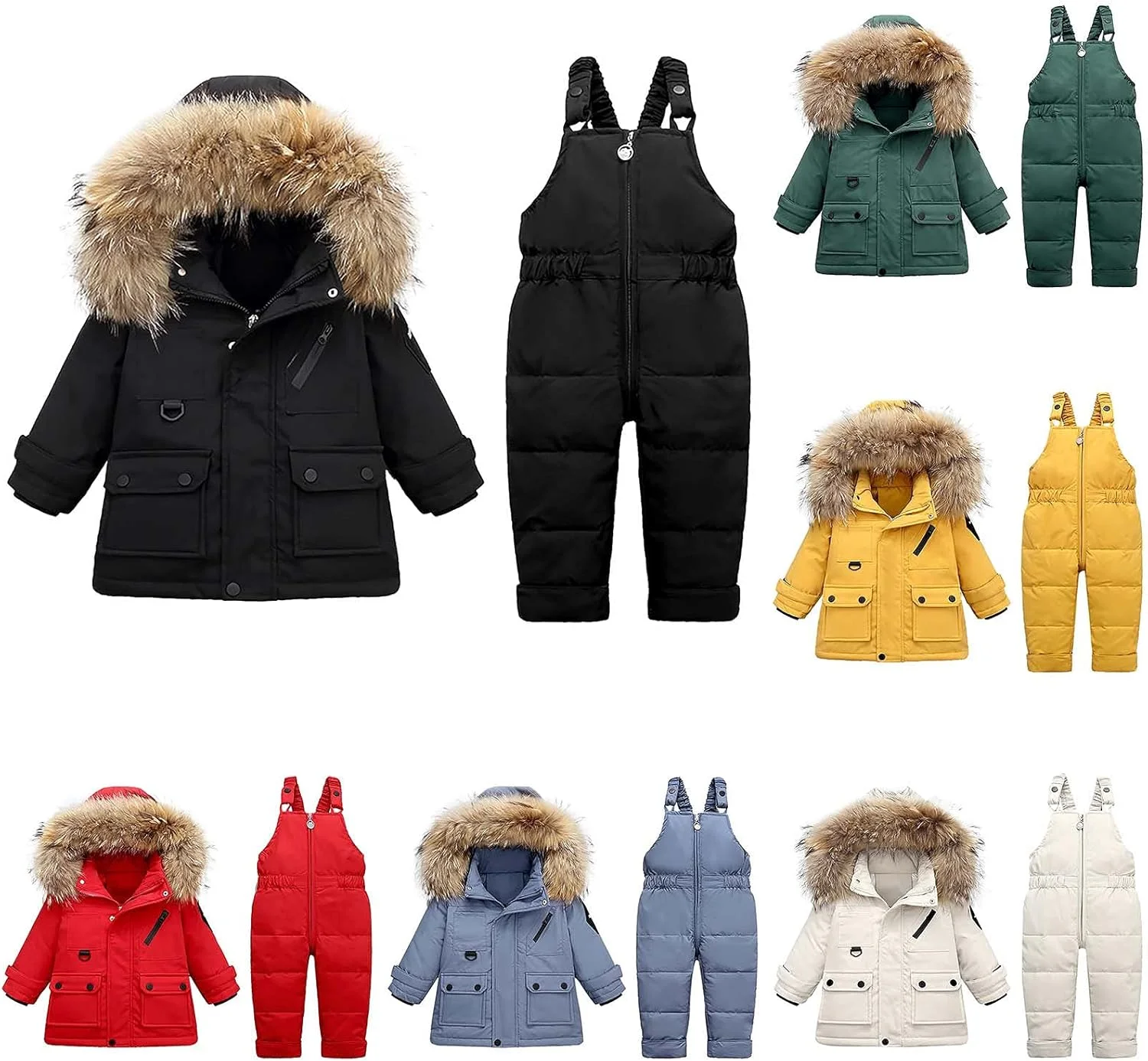 ست لباس اسکی بچه گانه GNUOP، ست 2 تکه لباس زمستانی، کاپشن پفی، کت کلاه دار کودک نوپا، شلوار برفی پیشبندی، لباس اسکی شیک و سبک وزن پسرانه دخترانه برای کودکان 1-5 ساله