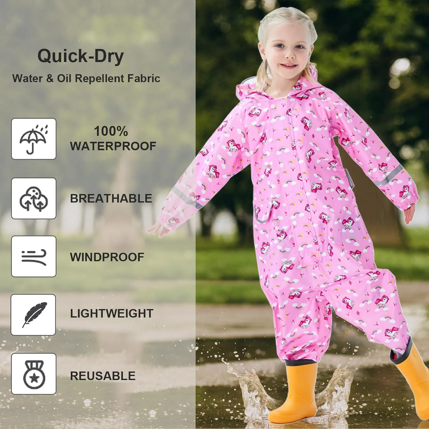 لباس بارانی Hovkib برای کودکان دختر و پسر، یک تکه ضد آب، پانچو بارانی زیپی، ژاکت بارانی تنفسی سبک وزن 1-10 سال