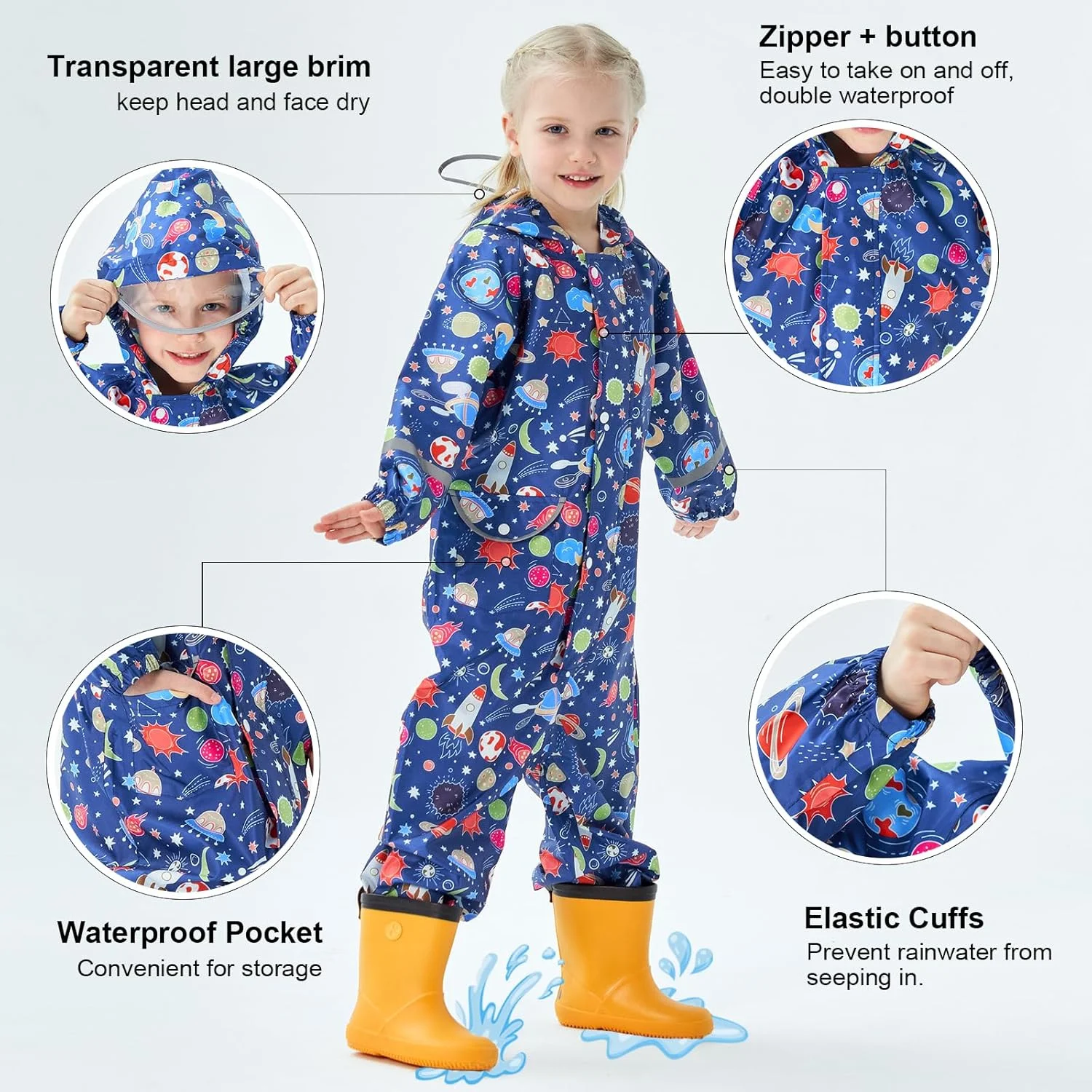 لباس سرهمی ضد آب بچگانه دخترانه پسرانه، بارانی یک تکه، کت بارانی کلاه دار کودکان، لباس گلی سبک وزن با طرح های چاپی، ژاکت بارانی قابل استفاده مجدد، لباس بارانی 1 تا 10 سال