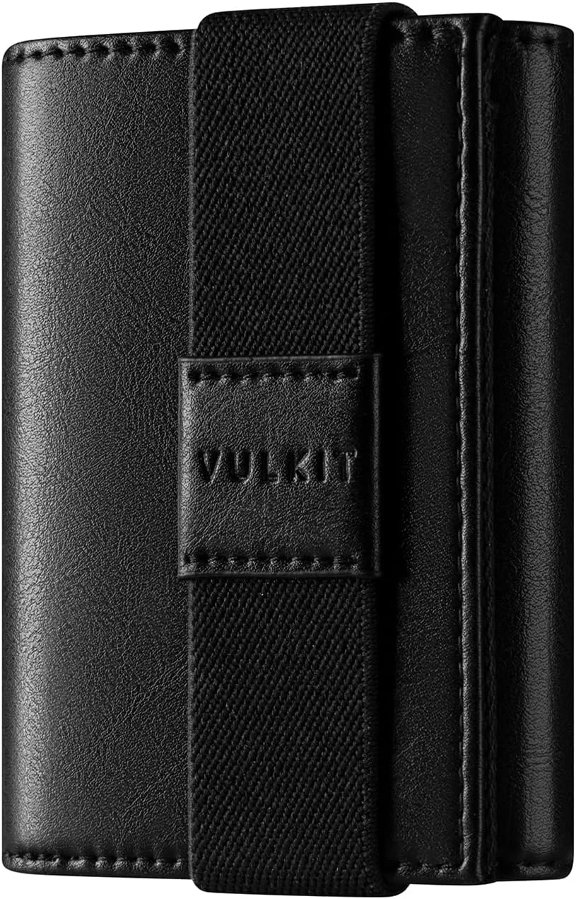 کیف پول سه لتی چرمی مینیمالیستی VULKIT با محافظ RFID، کش نگهدارنده کارت اعتباری، 3 جایگاه ID و جیب زیپ دار برای مردان (مشکی)